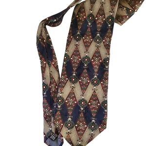 Frog Mens Silk Tie Made in Italy Navy Blue Gold Diamond Medallion Geometric 4in